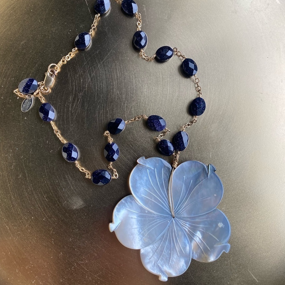 Handcarved mother of Pearl and blue sunstone Gara Danielle necklace
